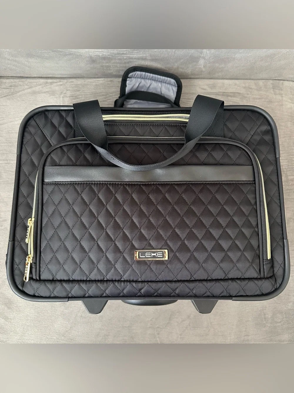Quilted Black Laptop Travel Bag Gold Zippers Expandable Handle w/ Wheels Leke